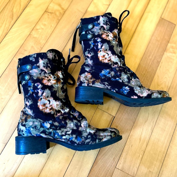 Sam Edelman Black Floral Print Lace Up Moto Combat Boots Size 8 - Picture 1 of 9